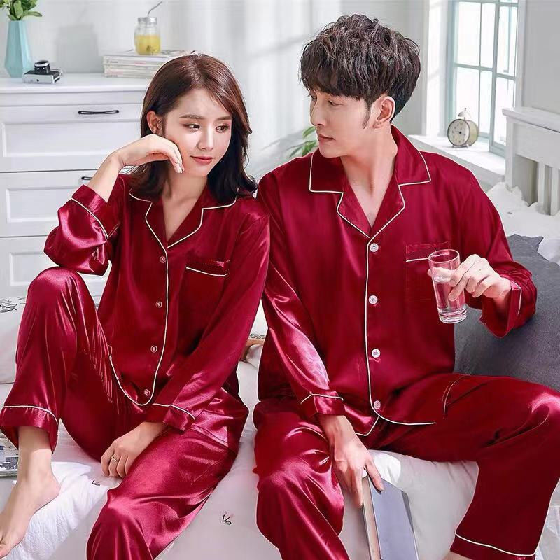 Ice Silk Pajamas Couple Solid Color Spring and Summer Korean Style High-end Sense Home Clothes Plus Size Thin Casual Breathable suit