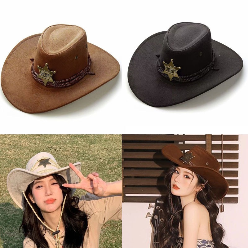 Sun Protection Straw Hat with Suede Wide Brim, Unisex Sunshade, One-Size Adult, Windproof Strap, Couple's Western Cowboy Hat