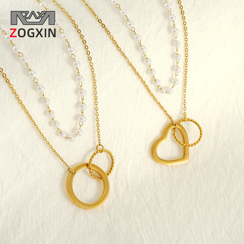 Cross-Border European and American Niche Design Hollow Heart Pendant Stainless Steel Double-Layer Pearl Necklace for Women Wholesale