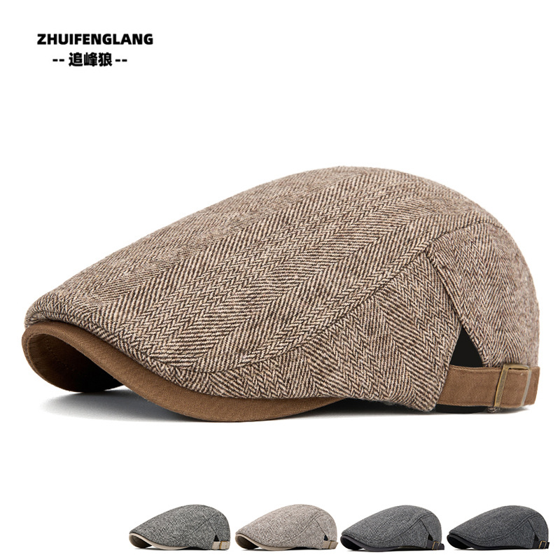 Amazon Big Head Beret Autumn and Winter Men's Velvet Warm Peaked Cap Stripesd Forward Hat British Newsboy Hat