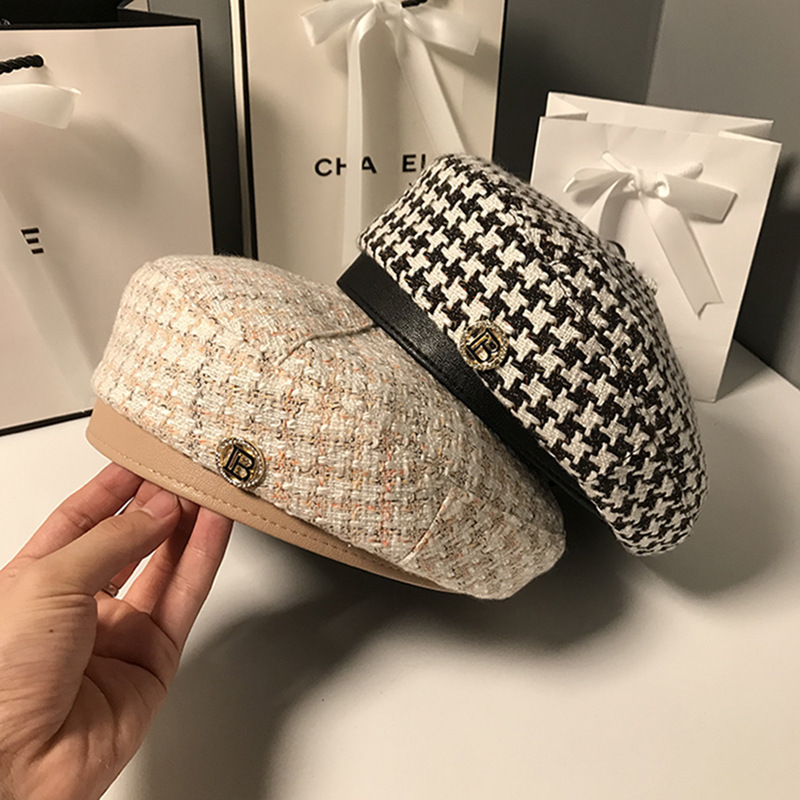 2025 New Style Small Fragrant Houndstooth Beret Female British Retro Octagonal Hat Korean Style Fashion Painter Beret Hat
