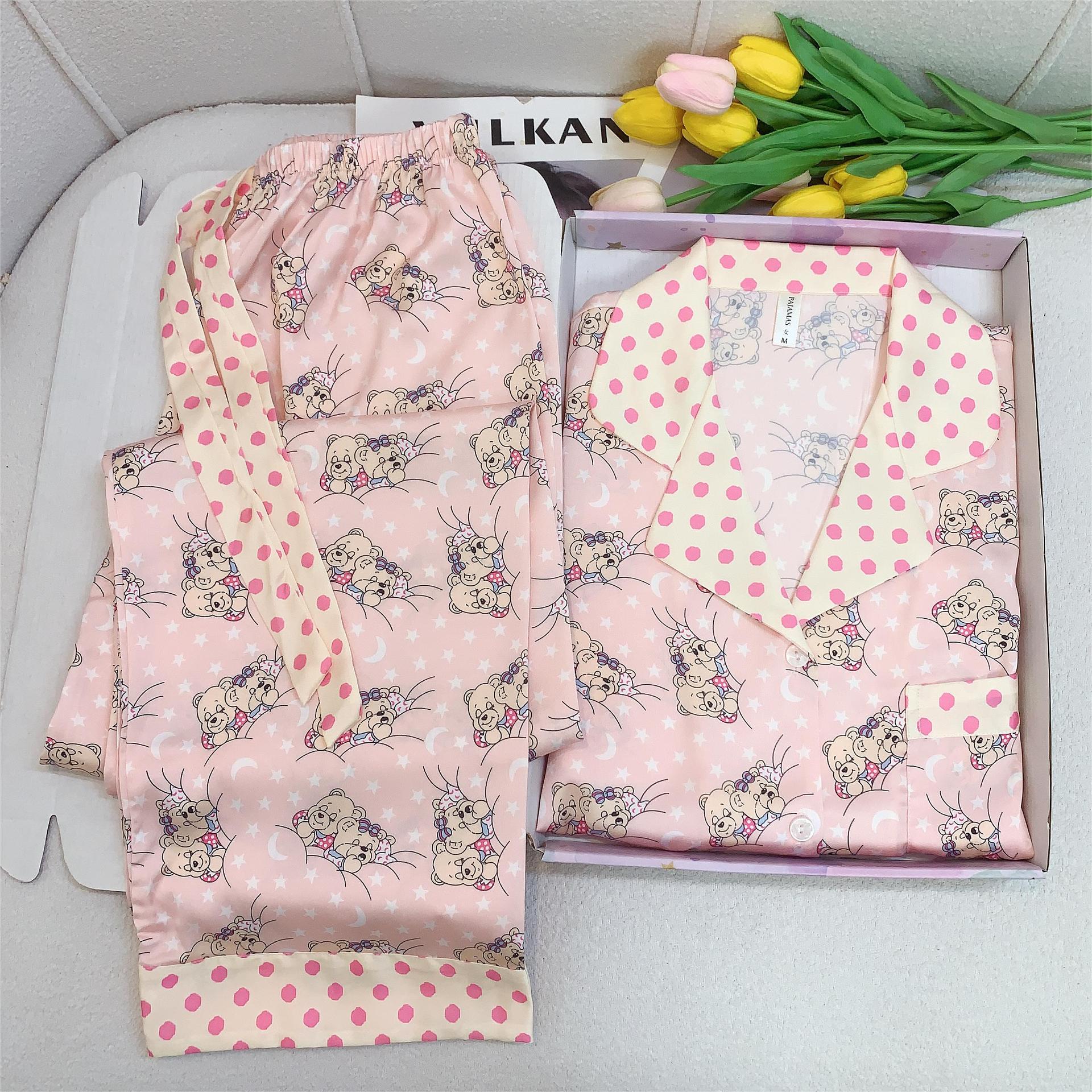 [Good night bear] Spring and Autumn New Japanese girl cartoon polka dot bear pajamas Ice Silk long-sleeved trousers for women