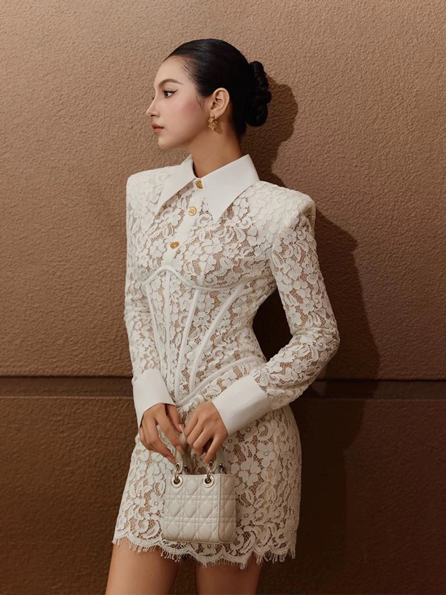 French Elegant Palace-Style Short Skirt 2026 Summer New Style V Neck Embroidered Cut Out Lace Splicing Dress for Women