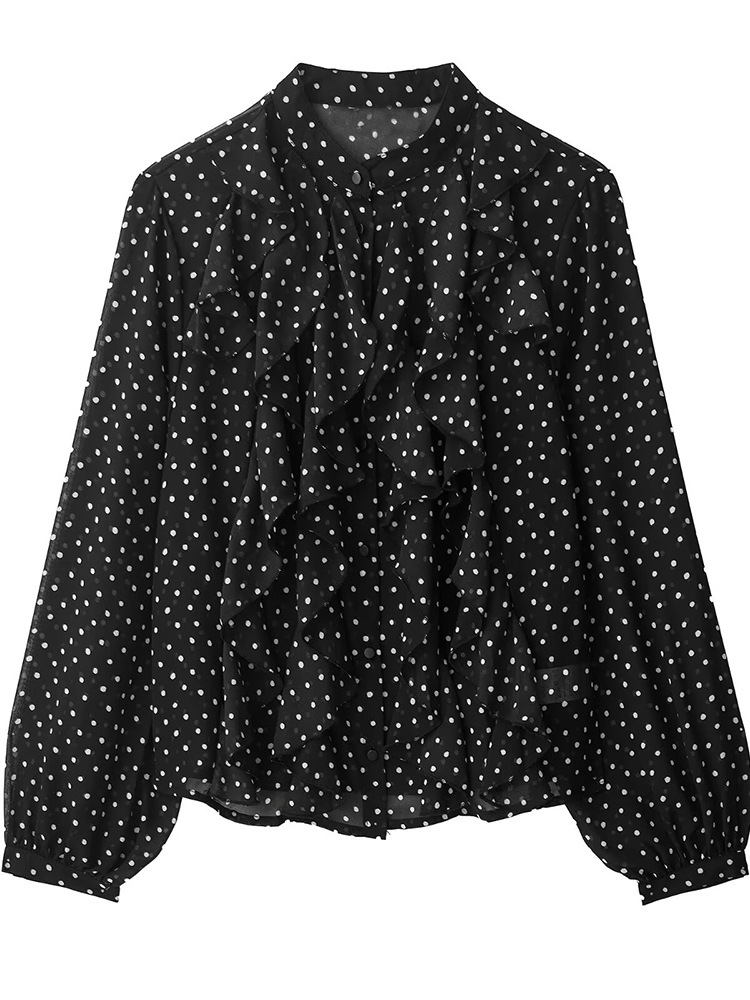 2025 New Summer Women's Clothing, Stylish and Versatile, Simple Long-Sleeved Design, Layered Decorative Polka Dot Shirt