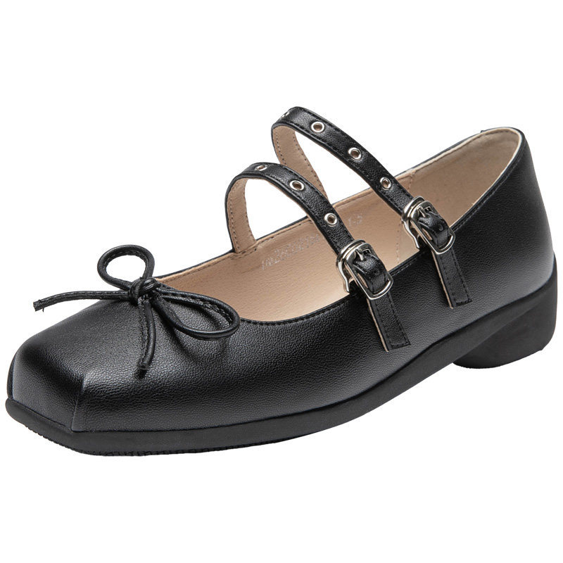 5cm Height-Increasing Bowknot Metal Double Buckle French Mary Jane Shoes for Women, Niche Square-Toe Ultra-Soft Ballet Shoes for Outdoor Wear