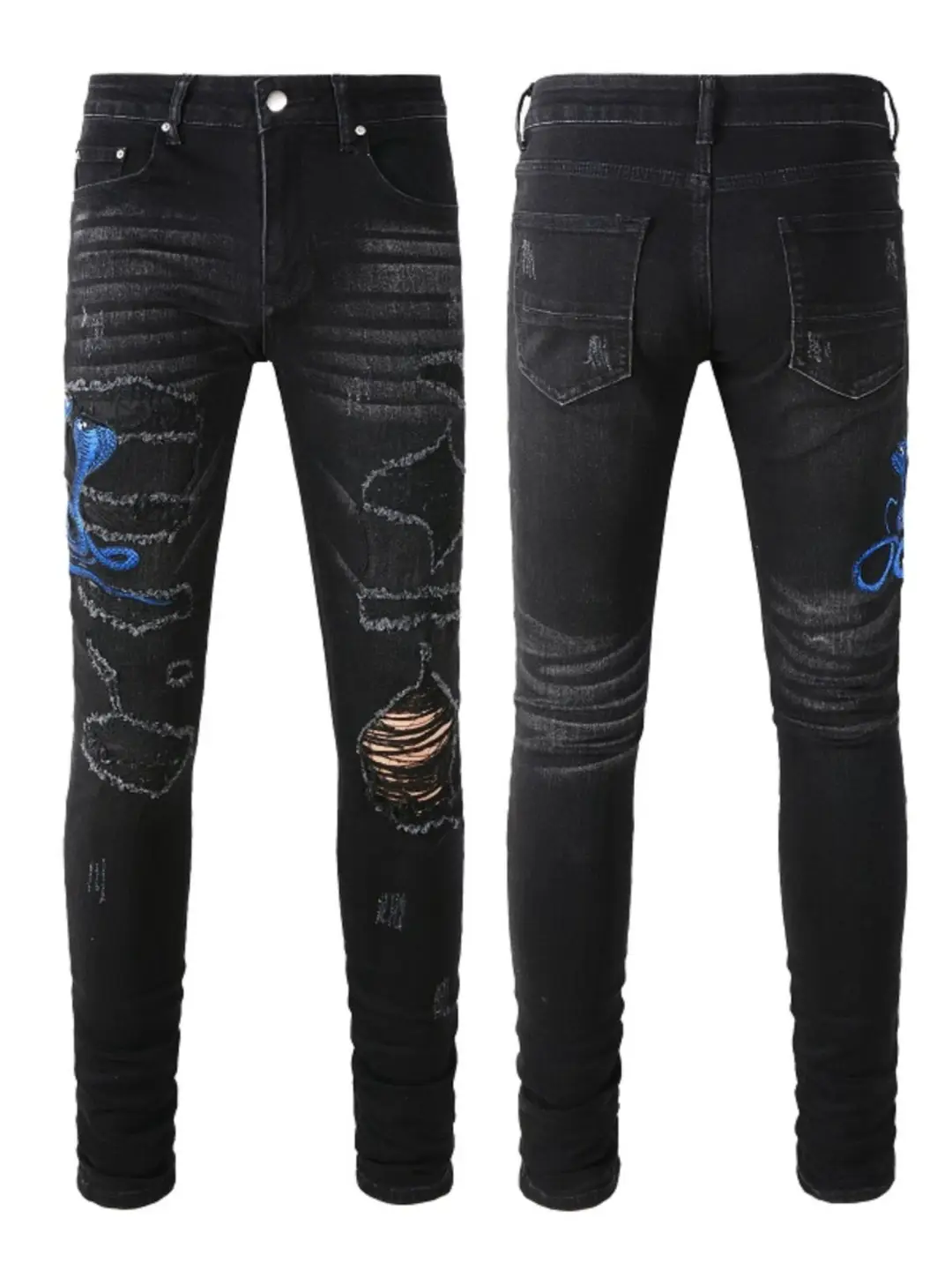 New Trendy Brand Blue Three-Headed Snake Embroidered Patchwork Distressed Washed Ripped Stretch Slim Fit Black Jeans for Men