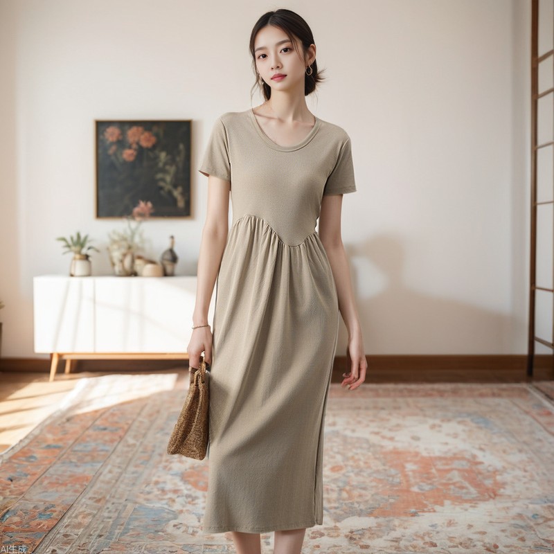CANVAUS Summer New dress Knitted Short-sleeved Women's Crewneck Irregular Stitching Midi Dress in stock Batch