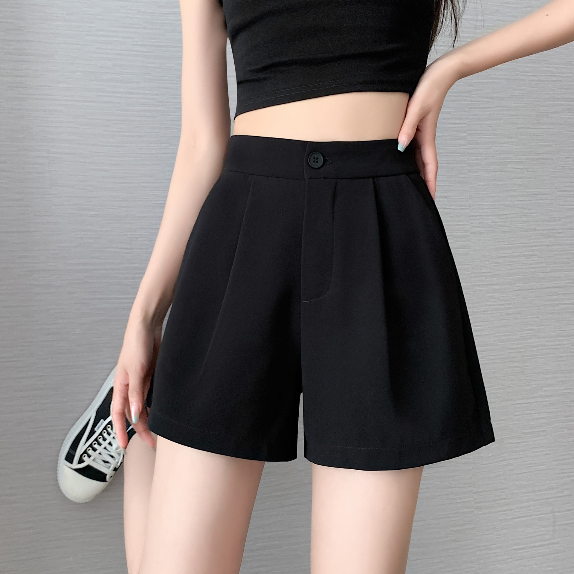 High-Waisted Casual Suit Shorts for Women, Summer 2026, Thin Black Elastic Waistband, Petite A-Line New Style, Loose Wide-Leg Pants