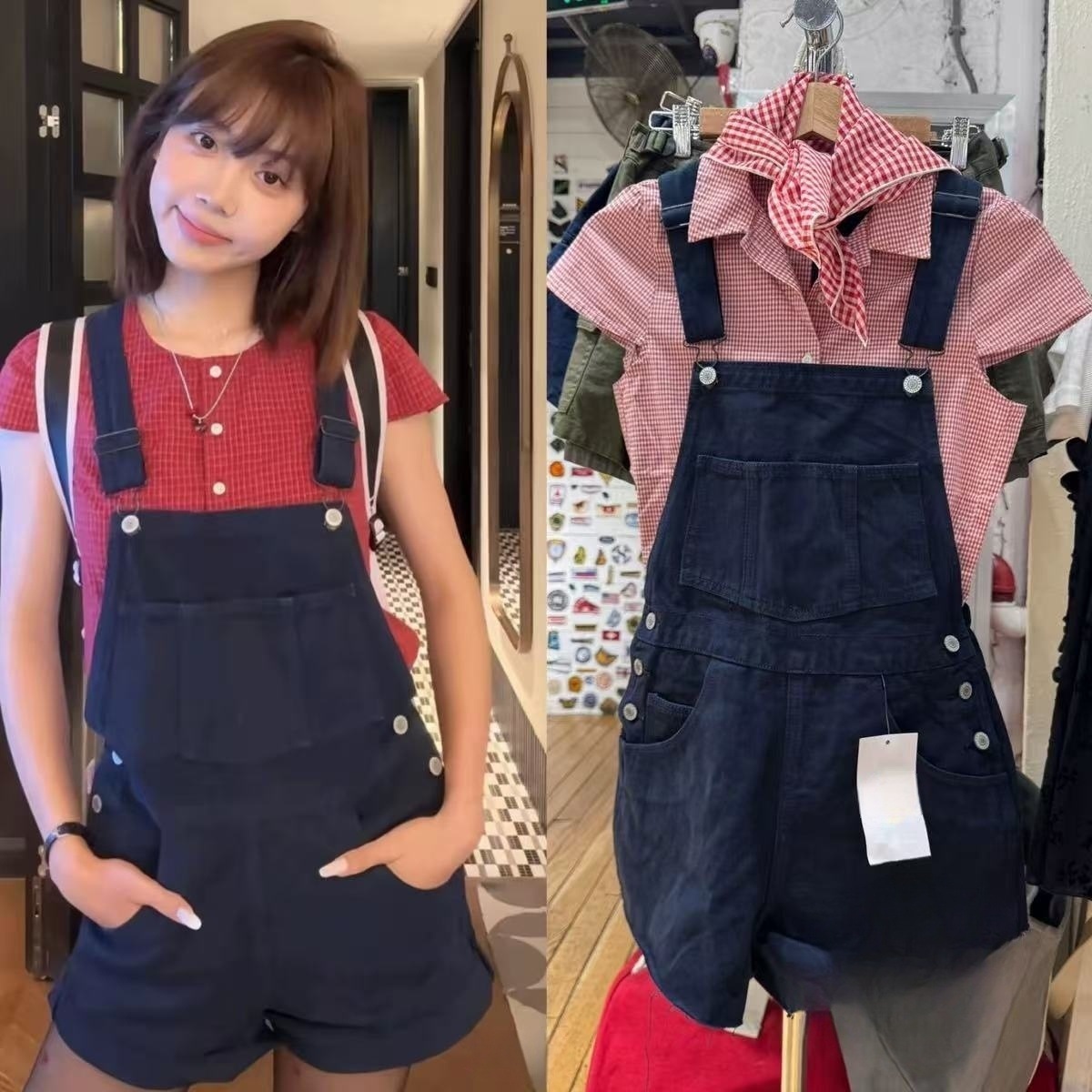 Bm New American Retro Raw Edge Pocket Strap Denim Shorts Bm Loose Slimming Pure Desire Style Jumpsuit for Women