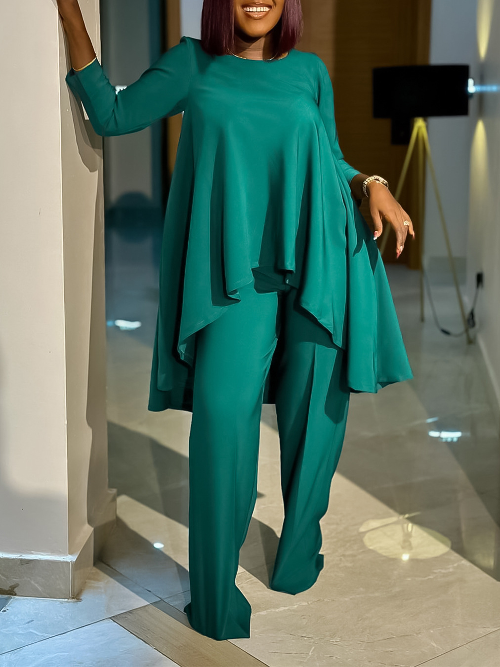 C8625 Amazon Export Women's Fashionable Loose Asymmetrical Tops and Pants Suit Elegant African Two-Piece Set
