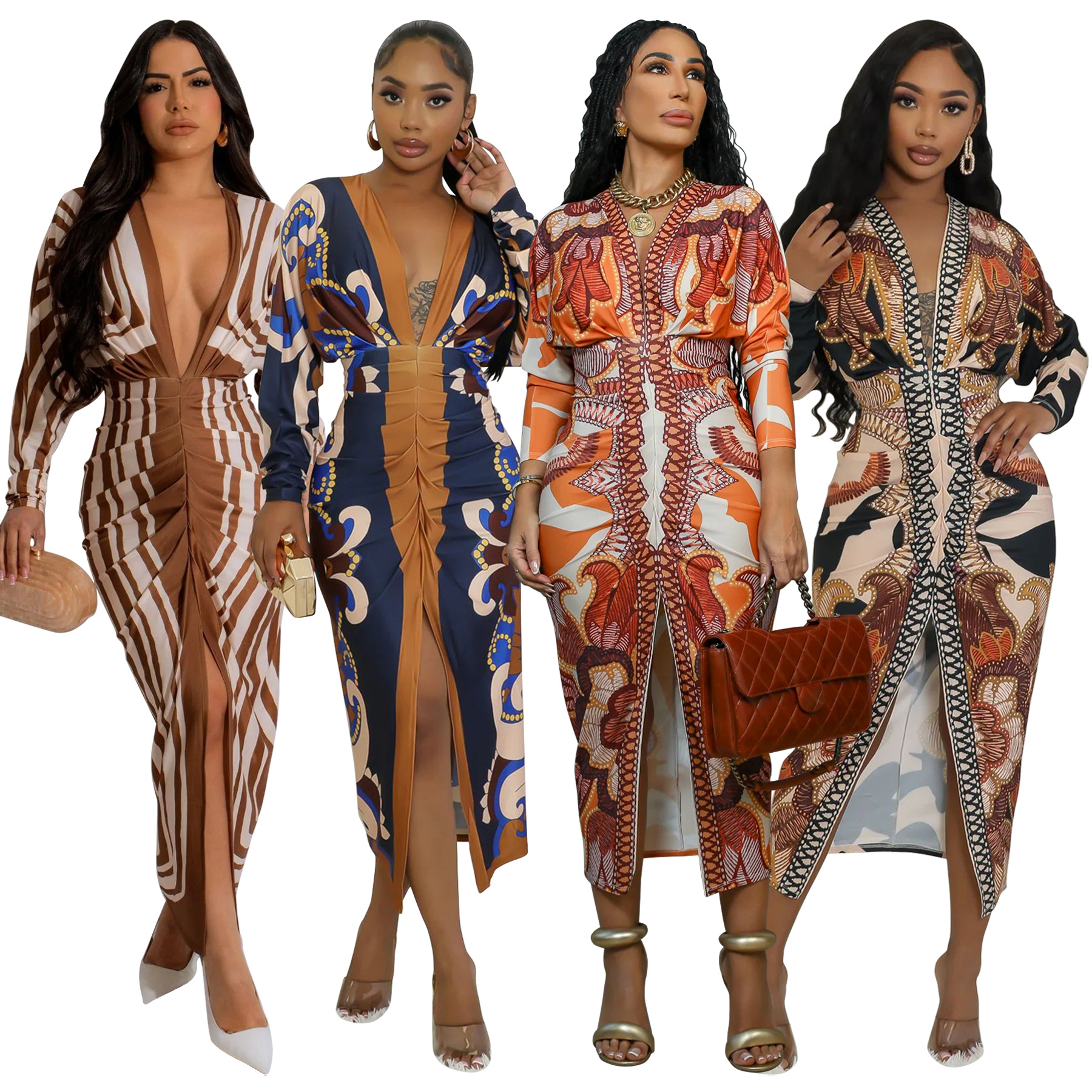 10798 a minimum order European and American foreign trade women's Amazon new printed sexy V-neck long sleeve split dress