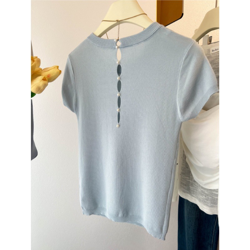 2025 New Summer T-Shirt with Right Shoulder, Knitted Short Sleeves, Cut Out Pearl Design on the Back, Simple and Elegant Top