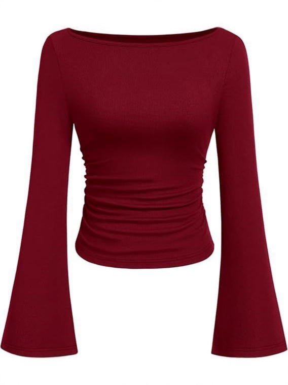 European and American Style Spicy Girl Solid Color Boat Neck Flared Sleeve T-Shirt for Women, 2025 Autumn Slim Fit Ruched Slimming Long Sleeve Top