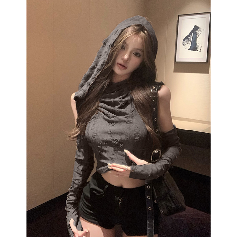 Dune Waste Soil Style Hot Girl Hooded T-shirt Women's Summer Sexy Hollow Hole Short Shirt Vintage Funeral Top