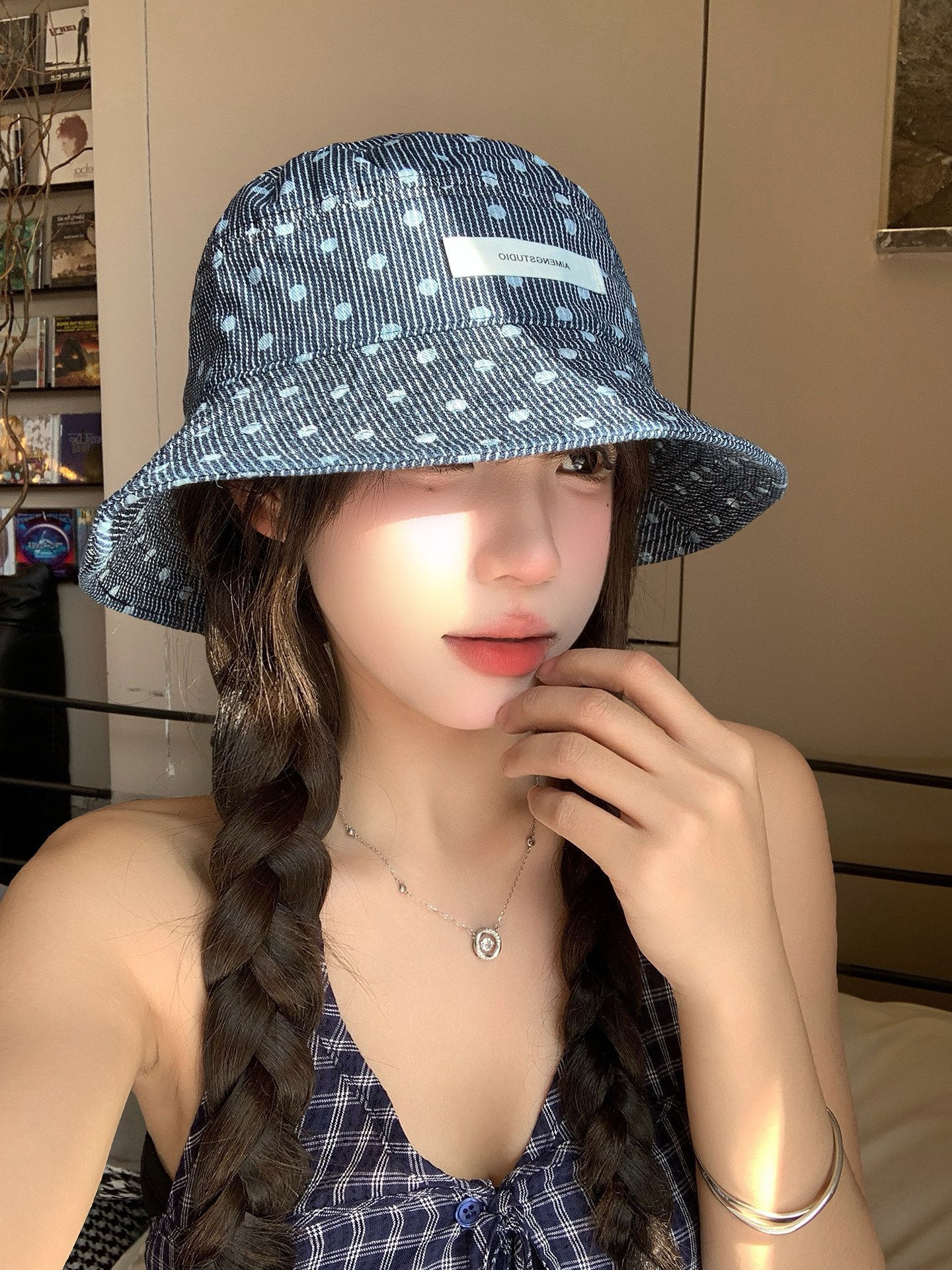 Korean-Style Polka Dot Striped Denim Fisherman Hat for Women, Spring and Summer Outdoor Sun Protection Bucket Hat That Makes the Face Look Smaller