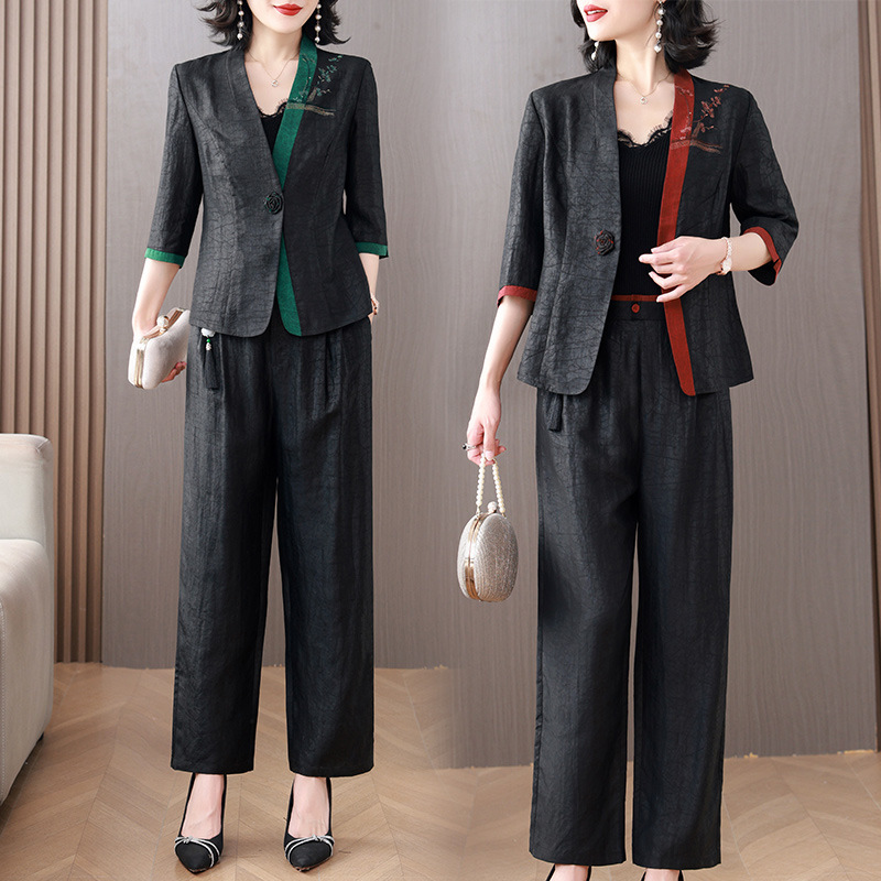 High-grade sense silk fragrant cloud yarn mother fashion suit 2024 new summer ladies two-piece suit jacket pants