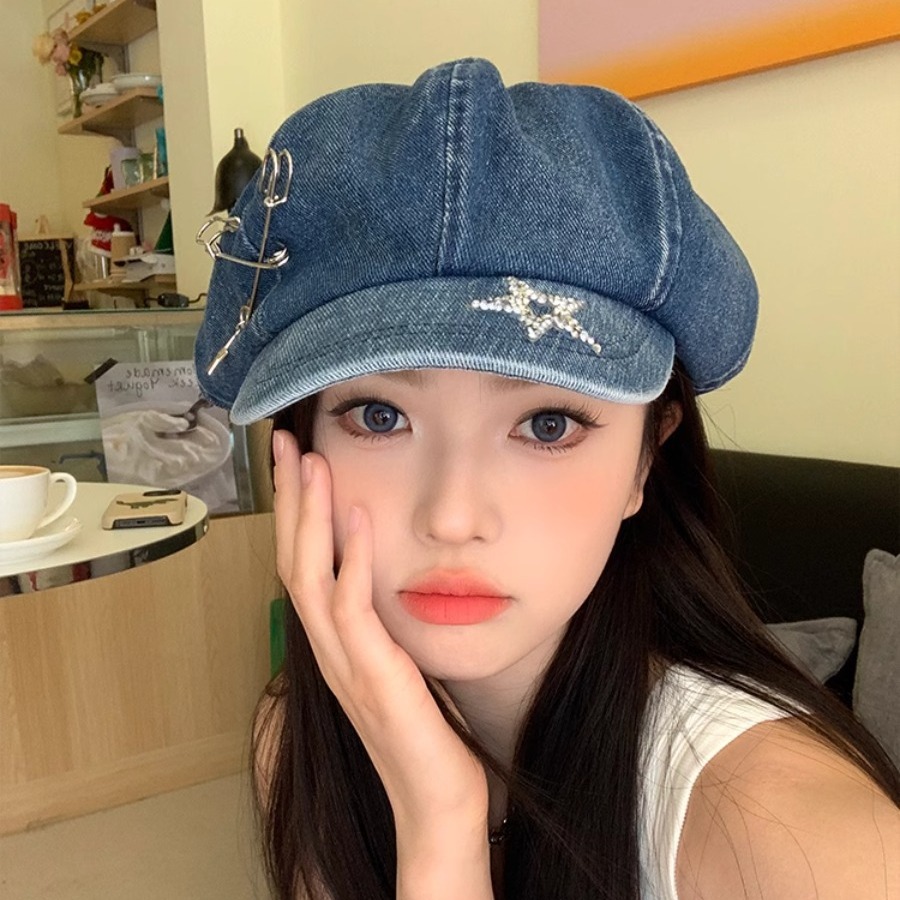Denim Star Washed Beret Women's Summer Cloud Hat Big Head Circumference Revealing Face Small Duck Tongue Bud Hat 2024 New Style