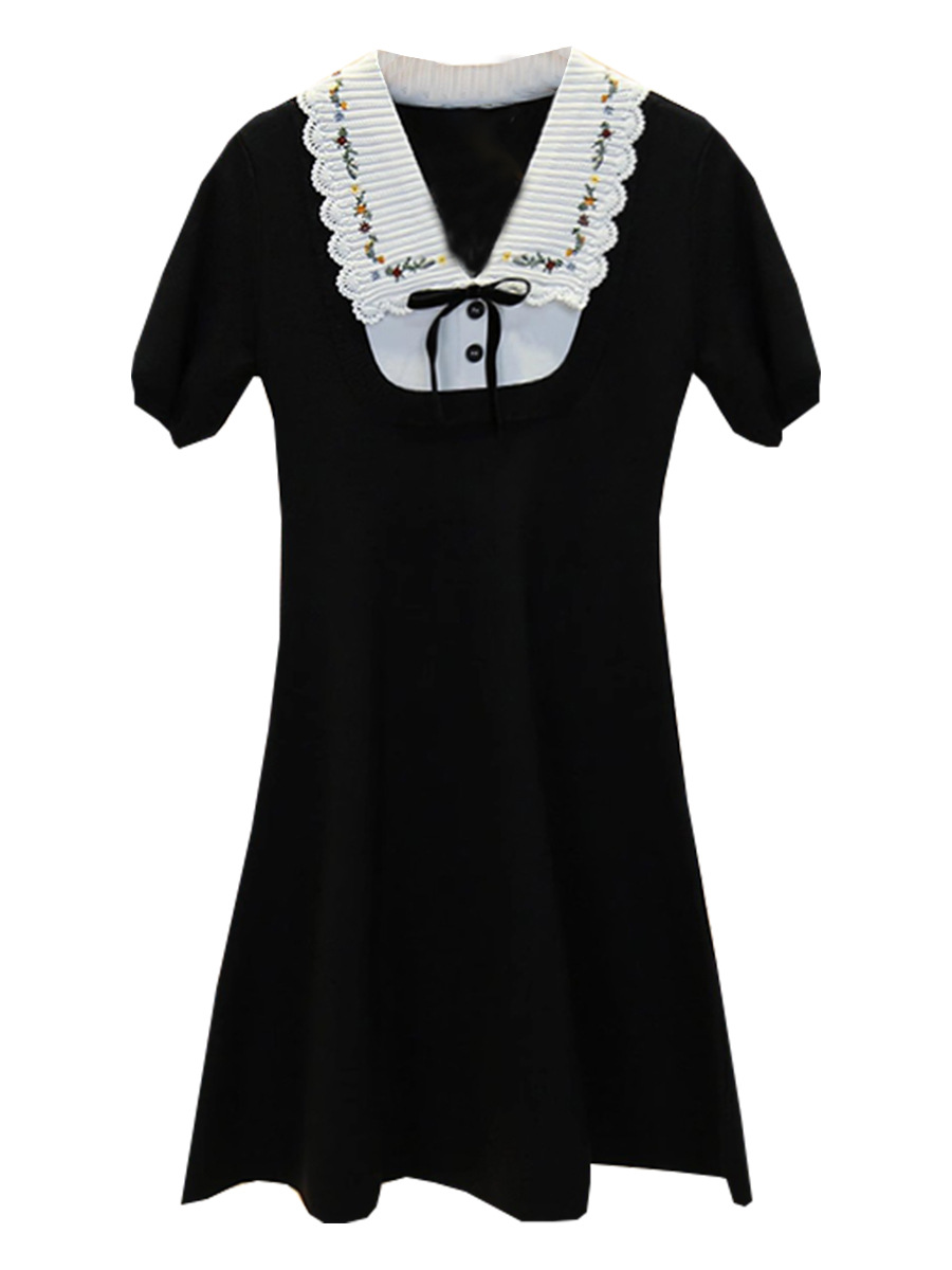 Zhuojia 2024 Summer New Contrast Color Doll Collar Knitted dress Short-sleeved Waist A- bow Small Black Dress