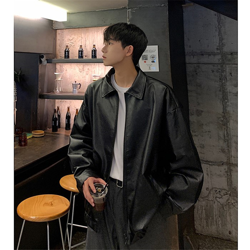 Retro leather jacket autumn feeling fried street pu handsome coat men's leather clothing loose pu Hong Kong style American oversize
