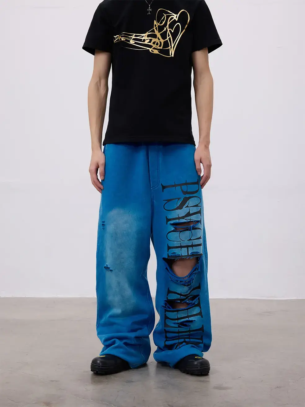 Chai (Split) 25ss Psychokiller Print Water Blue Cut Rotten Color Loose Trousers Sweatpants