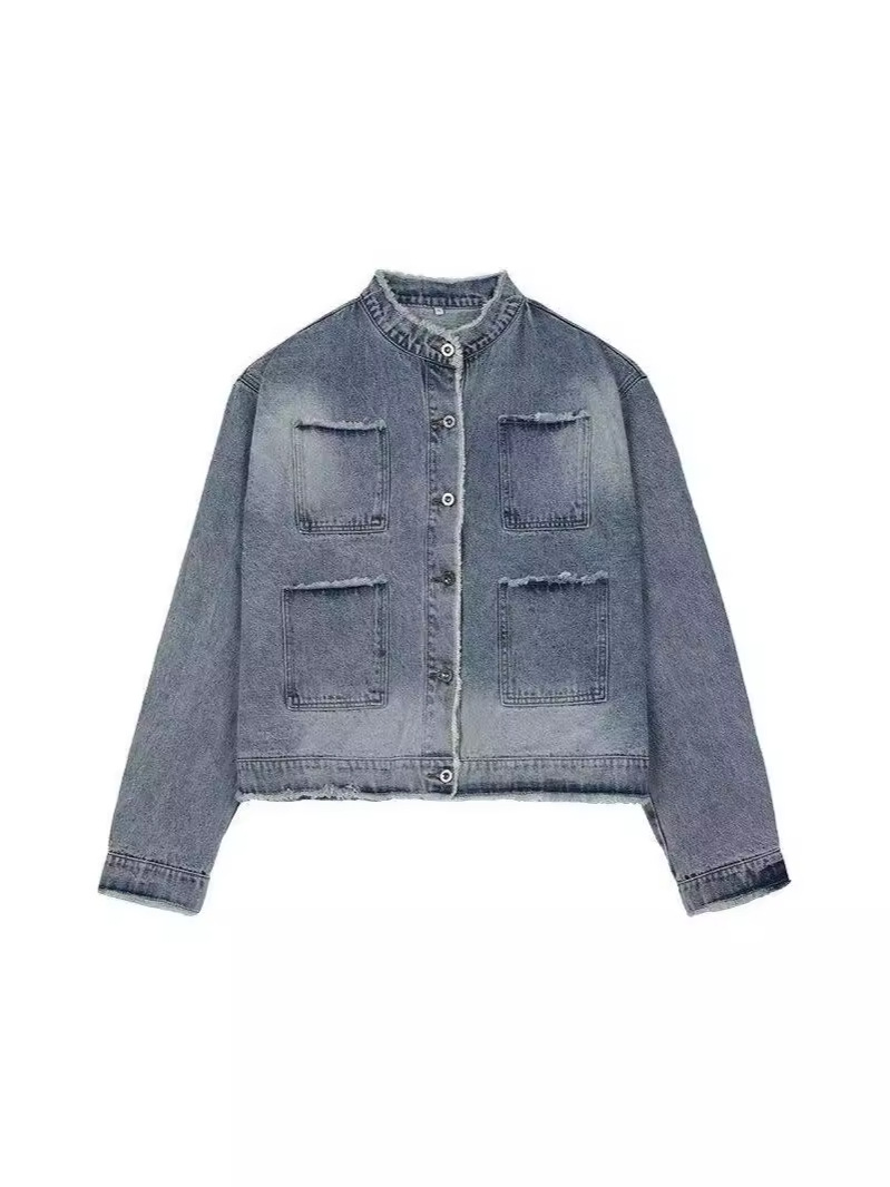 American Style Foreign Trade Jacket Hong Kong Style Spring and Autumn and Summer Ramp Denim Washed Gradient Retro Loose High Street Multi-Pocket Jacket