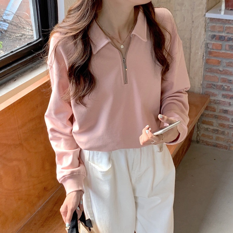 Spring and Autumn Korean Style Thin Chic Sweatshirt for Women, Early Autumn Short Polo Shirt with Turn-Down Collar, Trendy Ins Style for Autumn and Winter