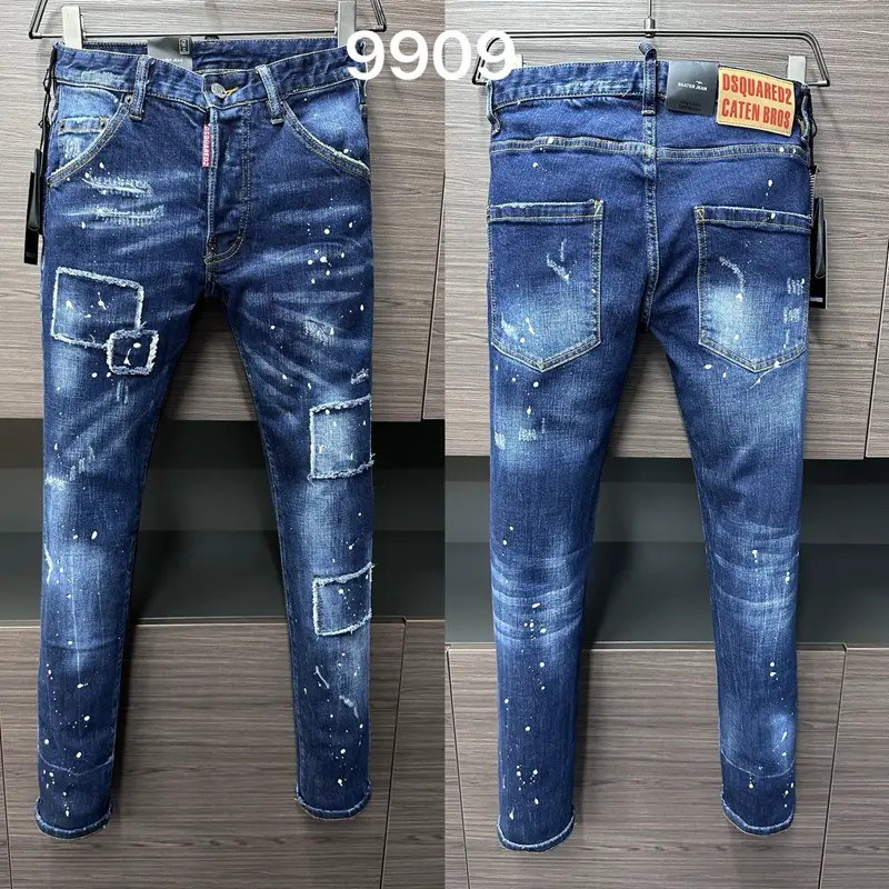 9909 new D2 men's denim pants patched personality European station wind abrasive white small straight leg cross-border tide jeans