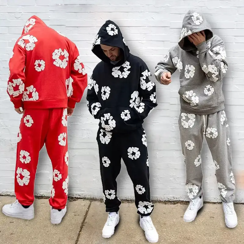 Cross-Border Popular European Size Plus Velvet Printed Hooded Sweatshirt Long-Sleeved Pants Suit Autumn and Winter Trendy Brand Factory Wholesale