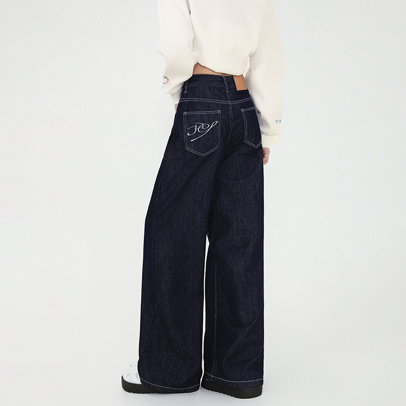 Letter Embroidered Pocket Dark Blue High-Waisted Jeans for Women, Autumn 2025 New Style, Wide-Leg, Slimming, Versatile Long Pants
