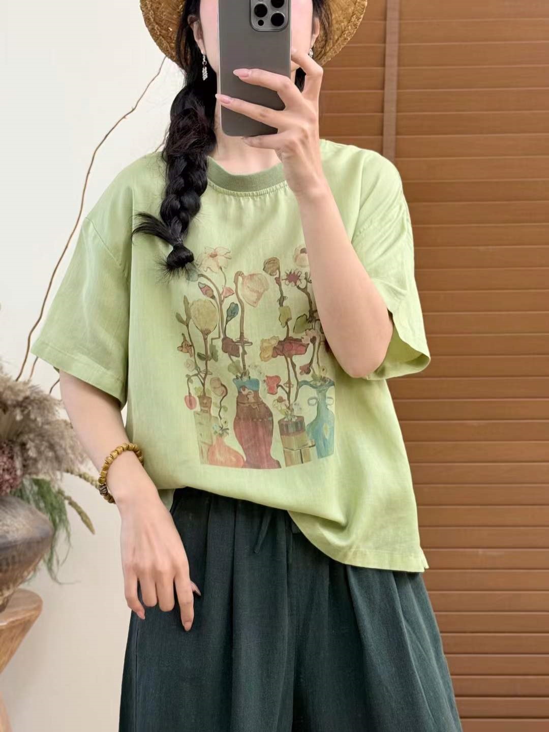 Tencel Linen Printed Short-Sleeved T-Shirt 2026 Summer New Style Retro Round Neck T-Shirt Pullover Top for Women 6610