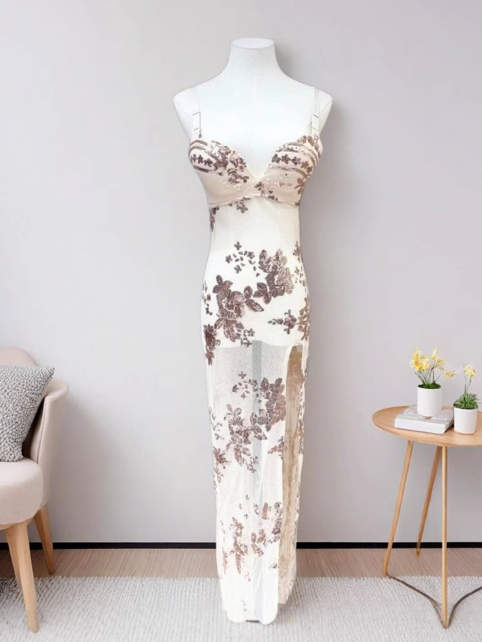 See-Through Slim High-Slit Long Skirt Deep V Summer New Black Gold Sexy Suspender Nightclub Women's Dress with Exposed Breasts