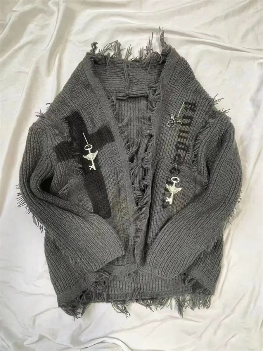 Dark subculture, vintage, vintage, vintage cardigan, torn men's and women's, torn neutral punk, medium length knit jacket