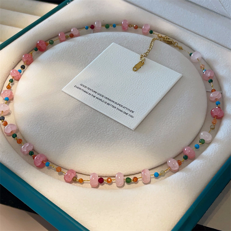 Korean Style Fresh Natural Stone Pink Crystal Necklace Large Beads Small Beads Safe Buckle All-match Crystal Necklace Exquisite Clavicle Chain