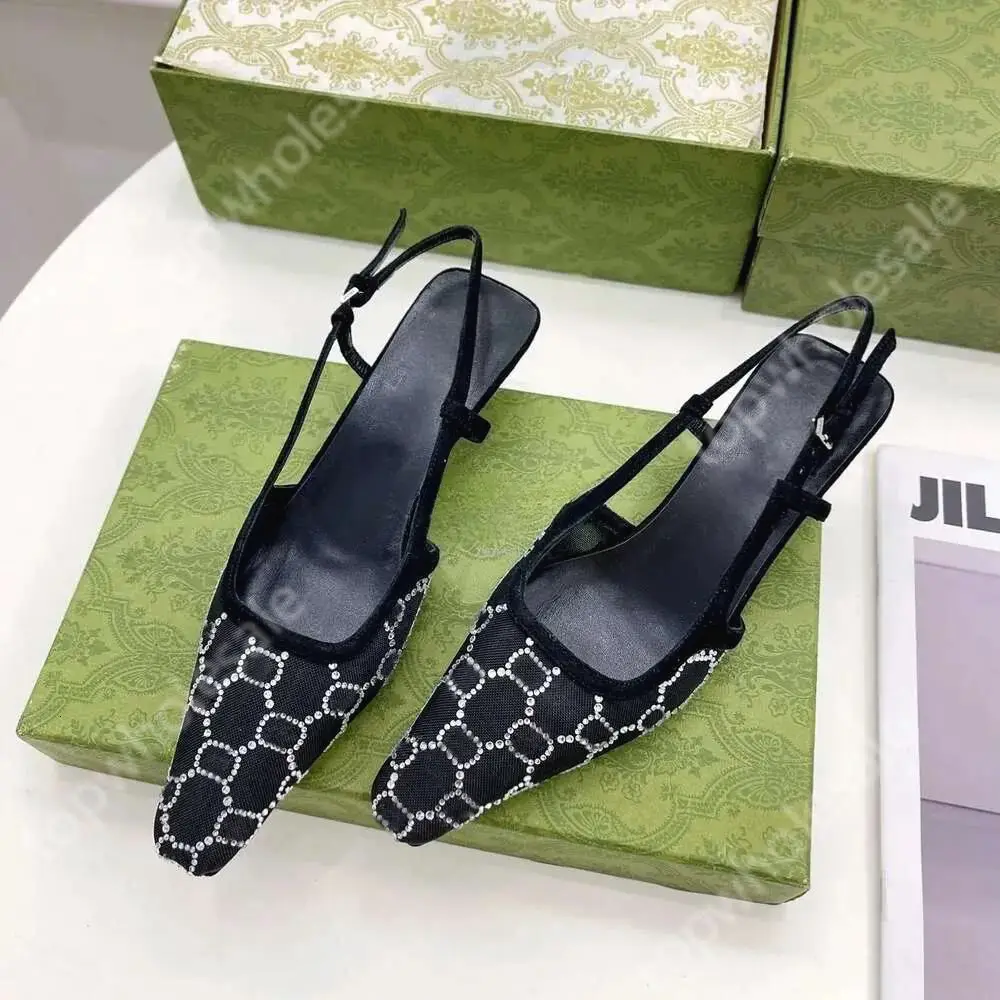 Spot Buckle Rhinestone Cat Heel Shoes for Women 2024 New Style French Mesh Rhinestone Square Toe Flats Embroidered Sandals