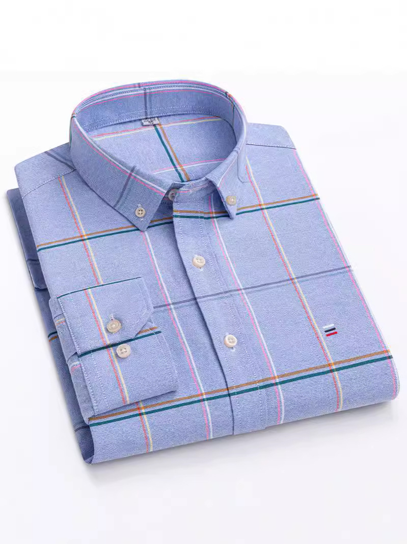 542 Cotton Oxford Long Sleeve Plaid Shirt Men's Casual Top Cardigan Button Collar Spring and Autumn Coat Shirt