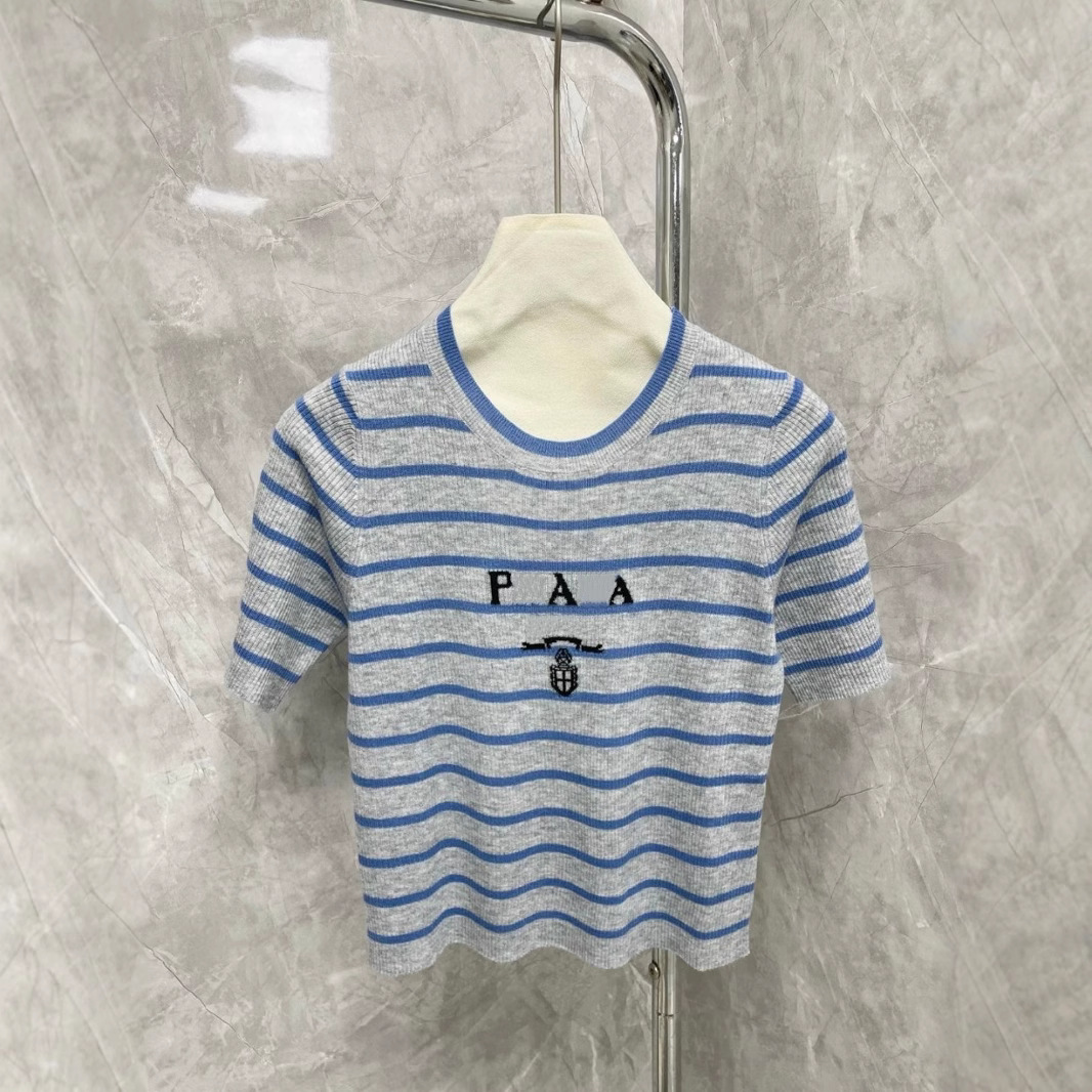 Nanyou high-end women's clothing 25 years classic striped knitted half sleeve simple slim short round neck knitted short sleeve women