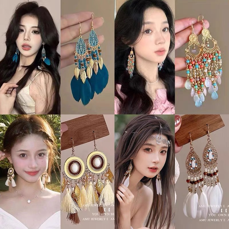 Bohemian Style Feather Long Ear Hooks Retro Ethnic Style High-End Earrings Holiday Style Earrings Wholesale