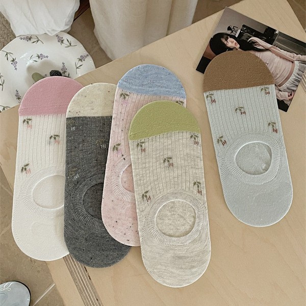 Seamless Color-Block Floral Miu-Style Women's Socks, Invisible Low-Cut Boat Socks, Summer Thin Non-Slip Breathable Mesh Socks