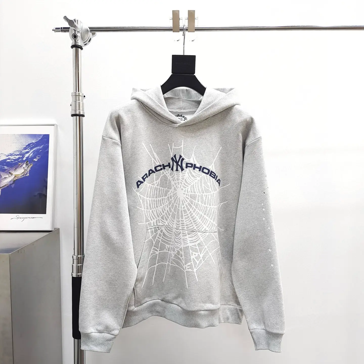 Mech Shark Sp5Der Light Gray Ny Spider Web Hoodie Sweatshirt