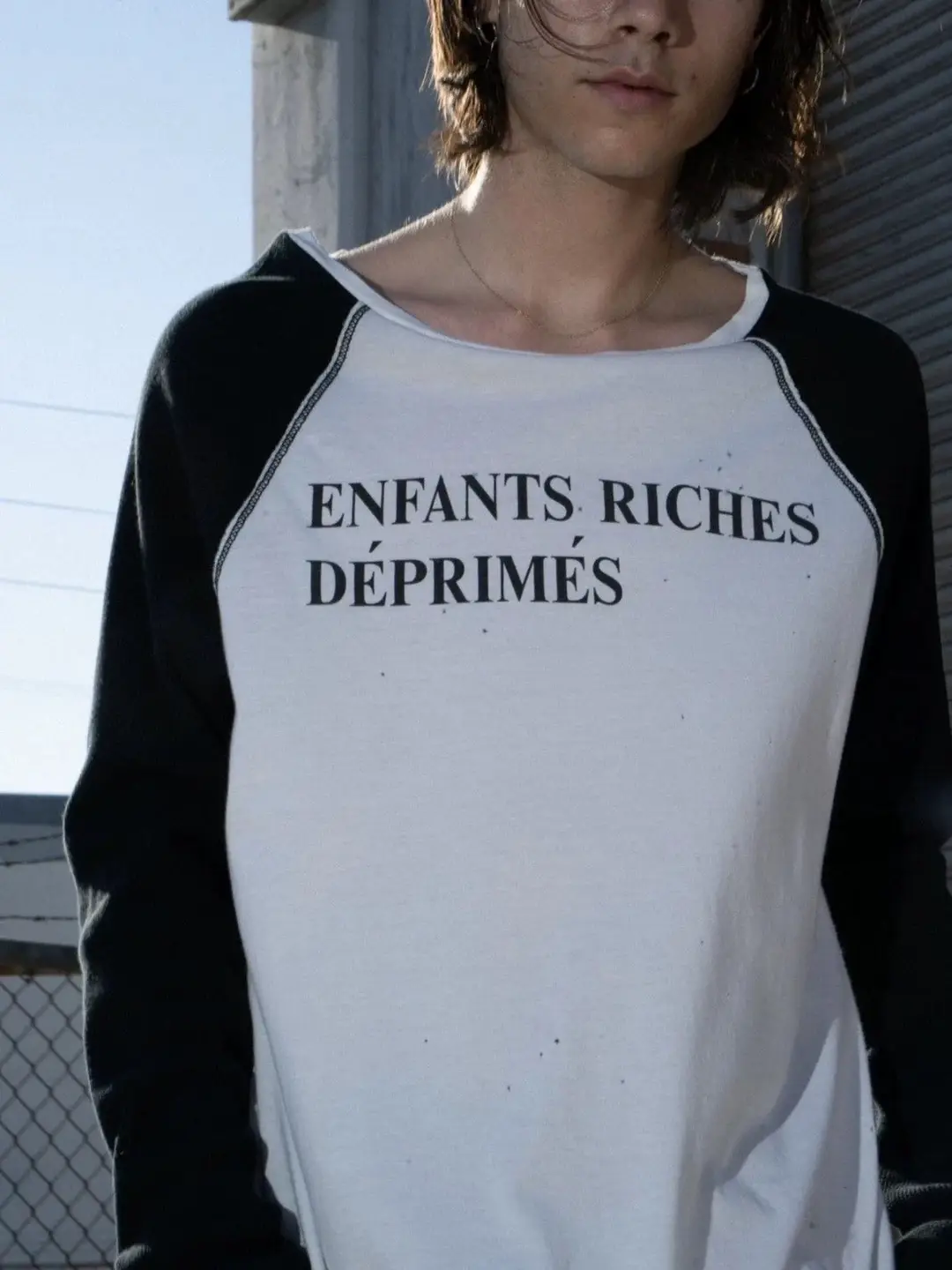 Erd 22Fw Melancholic Rich Second Generation Waffle Black and White Patchwork Slogan Rolled Hem Distressed Long Sleeve Vintage