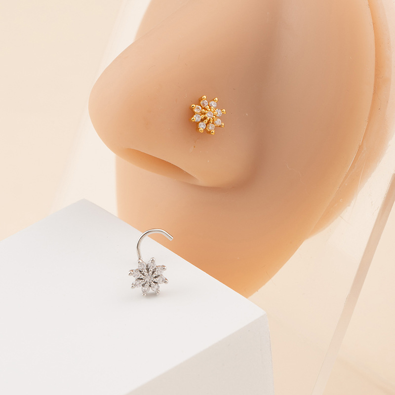 Cross-border S-bar personality nose nail curved needle flower micro-inlaid zircon nose ring fashion all-match temperament nose piercing nose ornaments