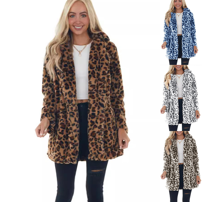 Amazon 2026 European and American Autumn and Winter Leopard Print Women's Clothing, Fashionable and Elegant Faux Fur Loose Coat with Pockets