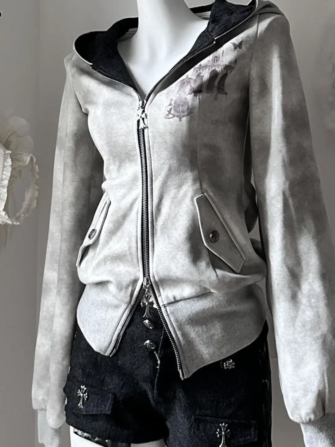 【Muye Meow】Fleece-Lined Retro Sexy Slim-Fit Cardigan Jacket with Cat Ears, Hooded Zipper Sweatshirt for Women