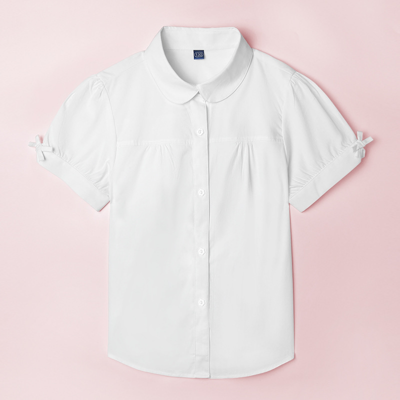 Girls' Short-sleeved White Shirt for Middle-aged Children and Girls Pure Cotton White Bow Shirt Summer School Uniform for Students' Watch Performance