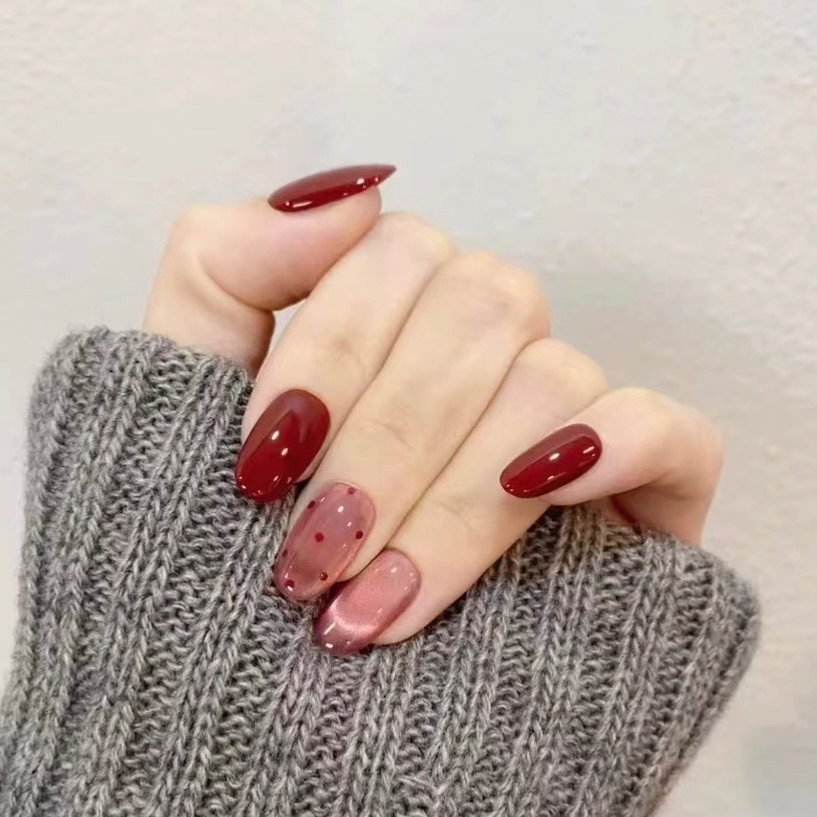 New Year Cherry Color Cat's Eye Pure Handmade Wear Armor Boutique Short White Finished Nail Patch Fake Nail