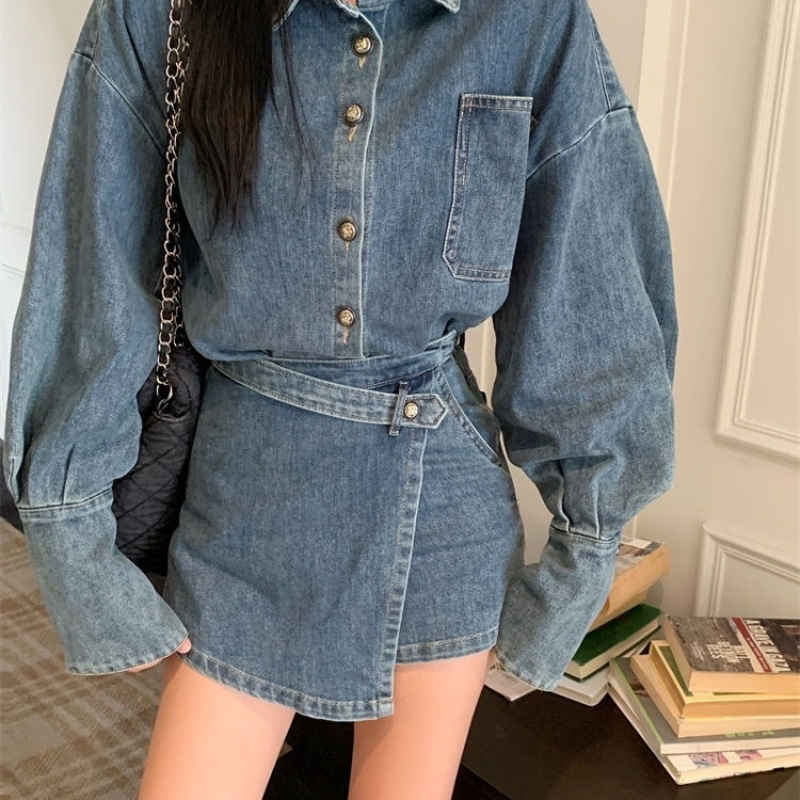 Denim suit Women's American Style Retro New Jacket High Waist Irregular Skirt Two-piece Pants Skirt