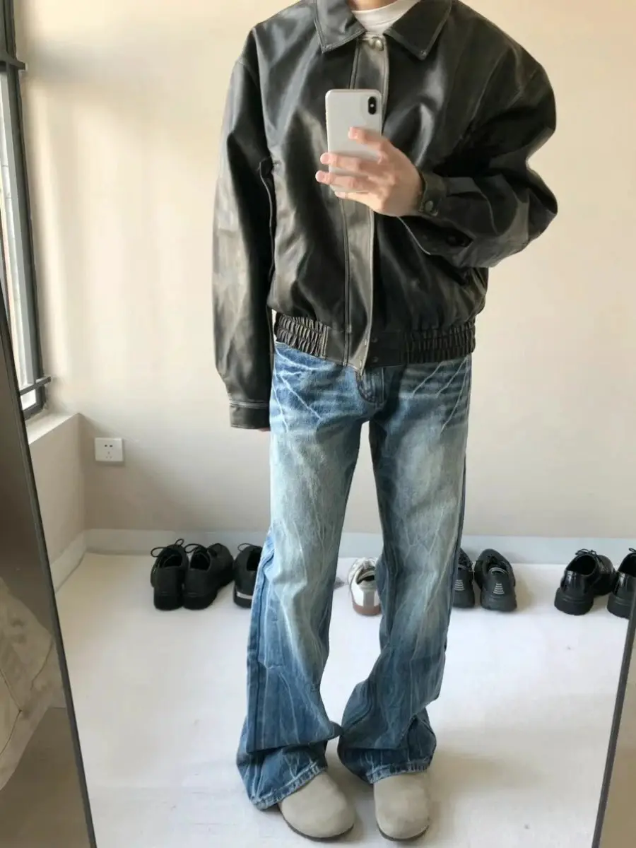 American Retro Street Style Washed Distressed Lightning Crack Jeans for Men, Autumn Trendy Brand Versatile Cleanfit Men's Fashion