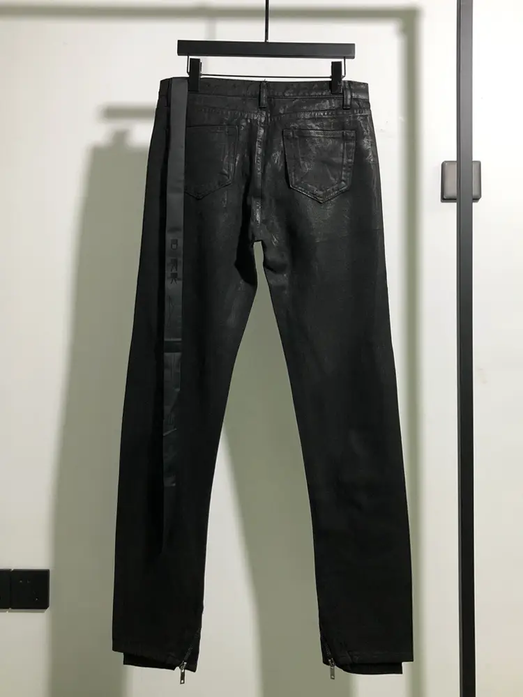 Oneofyou Dark Zipper Cut Coated Wax Surface Denim Male Ro Style High Street Adjustable Flared Pants