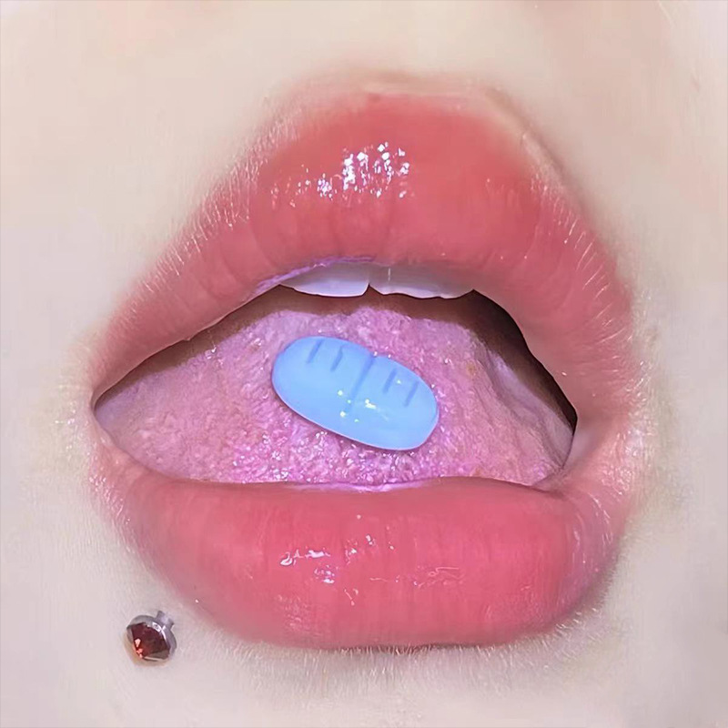 Cross-Border New Stainless Steel Tongue Studs, Naturally Exquisite Blue Acrylic Depression Medicine Tongue Studs, Body Piercing Jewelry