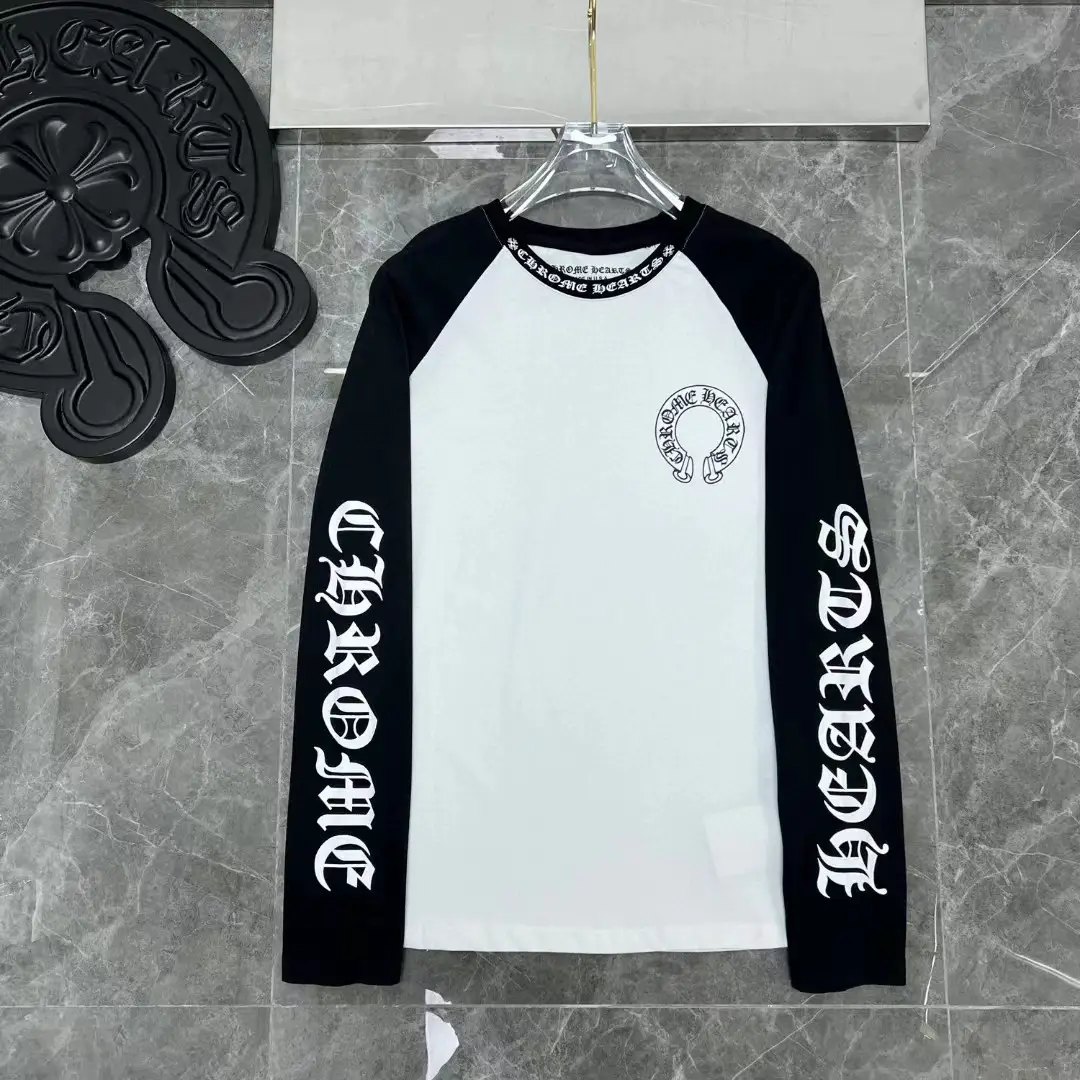 Chrome Heart Roman Horseshoe Print Color-Blocked Raglan Pure Cotton Round Neck Long-Sleeved T-Shirt for Men and Women